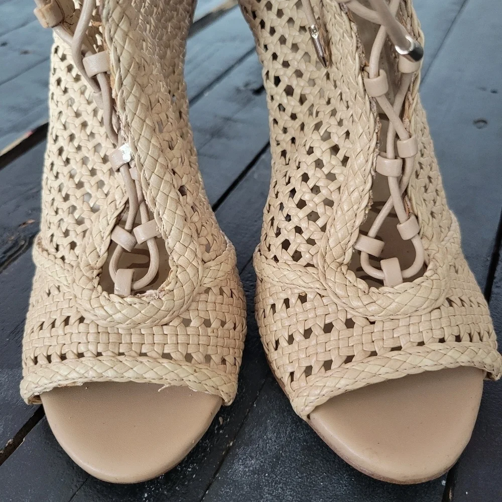 Sam Edelman Abbie Woven Heels Women's 6 Tan Beige Lace Up Stiletto Dressy